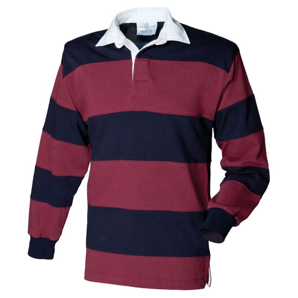 Front Row Mens Stripe Sewn Rugby Polo Shirt / Burgundy/Navy